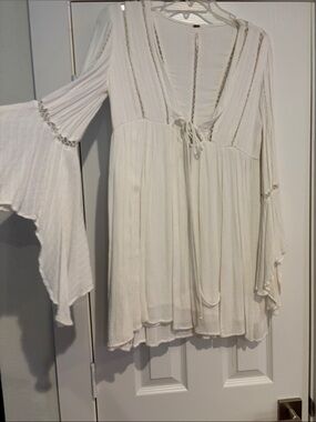 Free People Cream Boho V-Neck Tie-Front Tunic